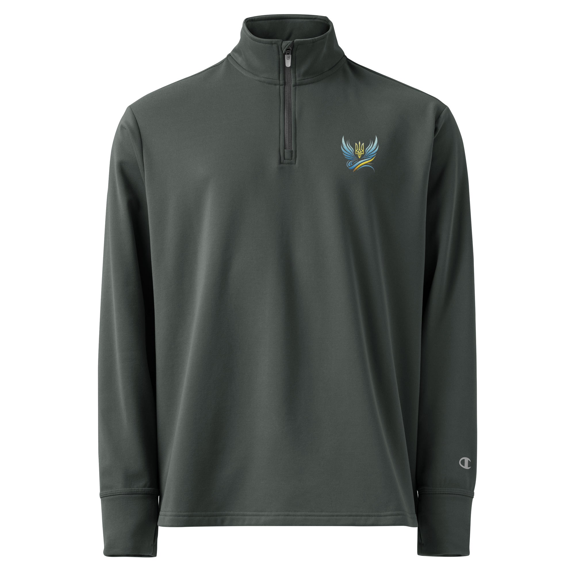 Ukrainian Vibe Trizub Collection quarter zip pullover with Champion logo, sleek athletic fit, and triple-needle stitching.