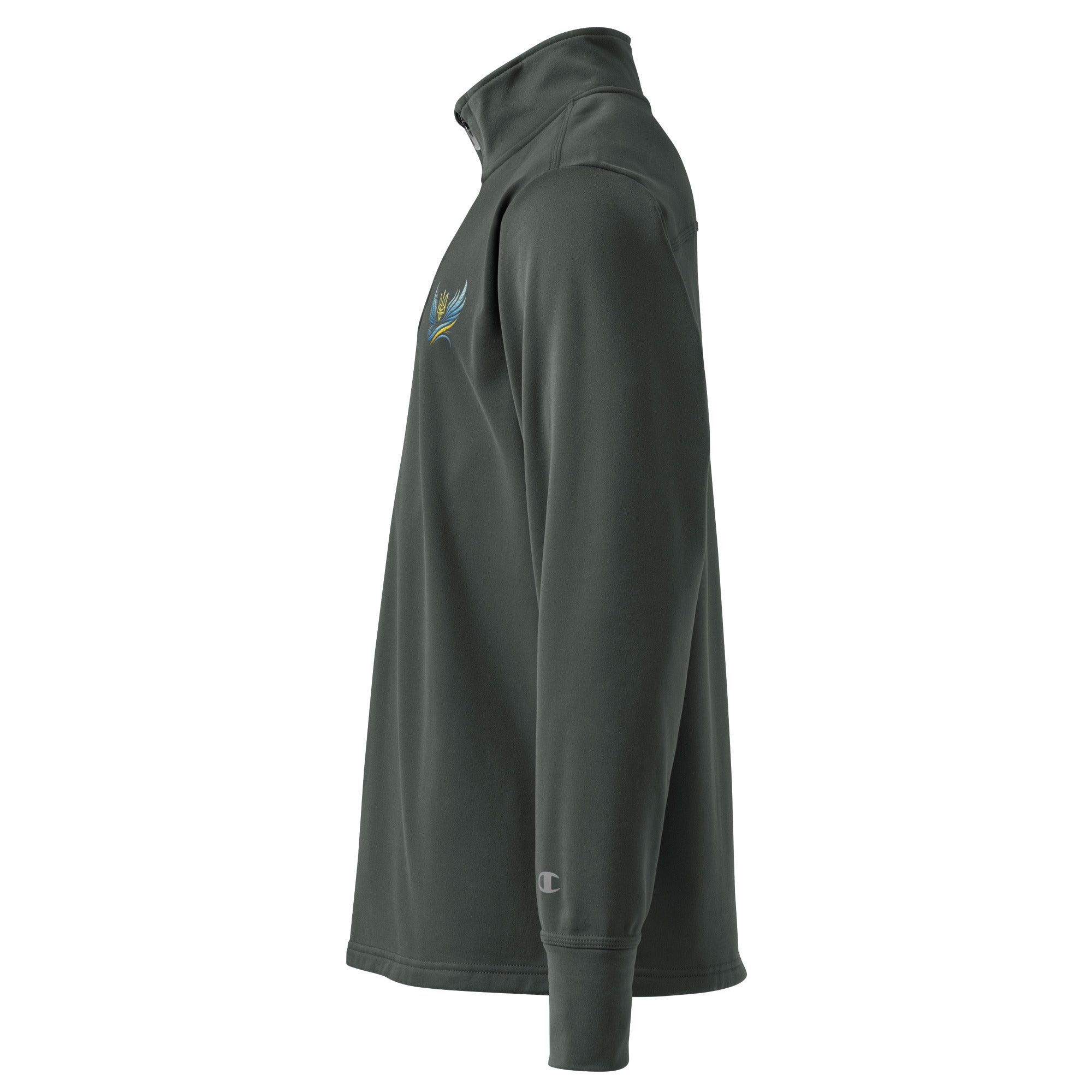 Ukrainian Vibe Trizub Collection quarter zip pullover side view in green, showcasing sleek fit and Champion logo.