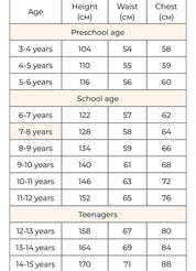 Size chart for ages 3-15, showing height, waist, and chest measurements in centimeters for preschool, school age, and teenagers.