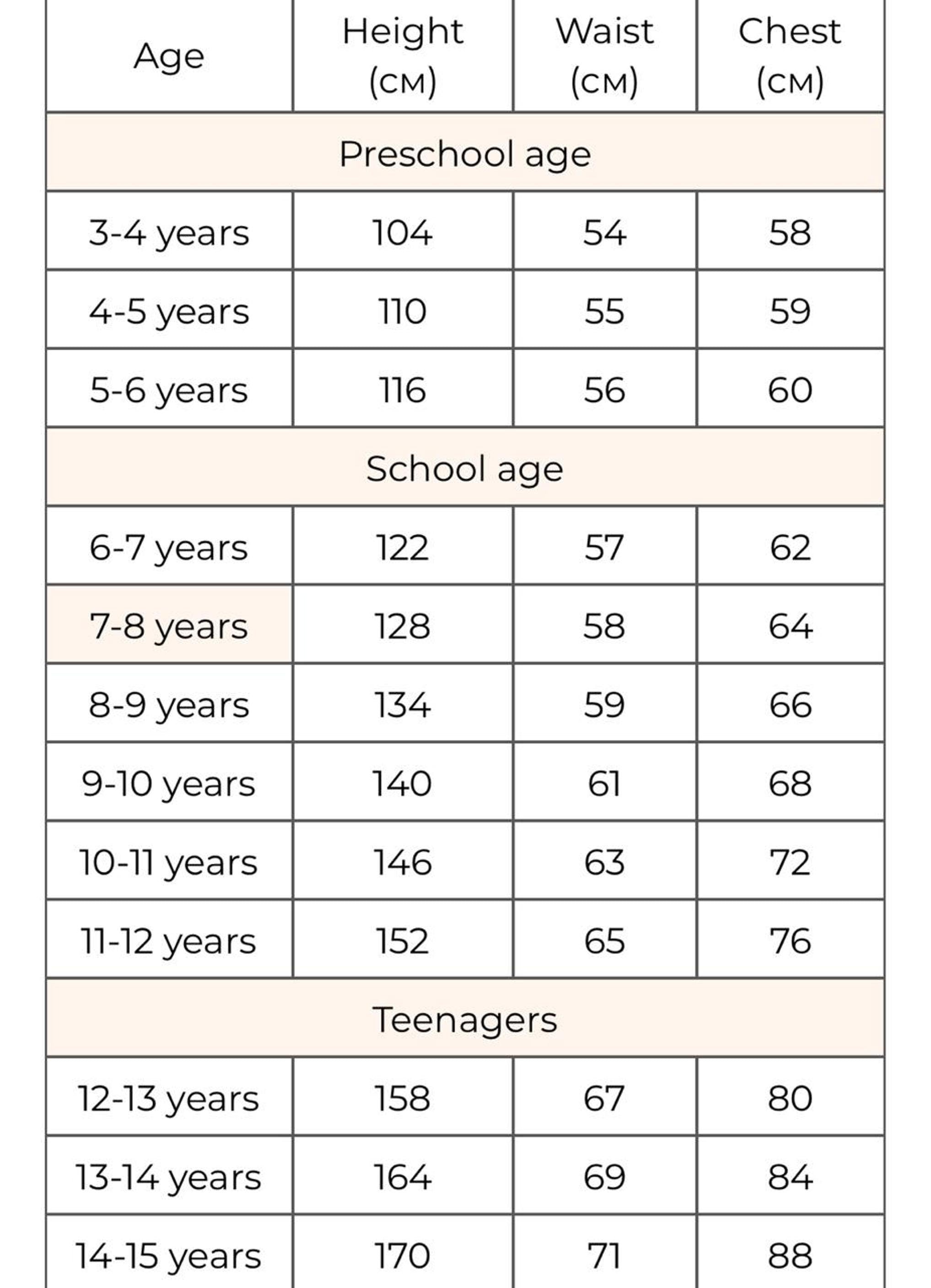 Size chart for ages 3-15, showing height, waist, and chest measurements in centimeters for preschool, school age, and teenagers.
