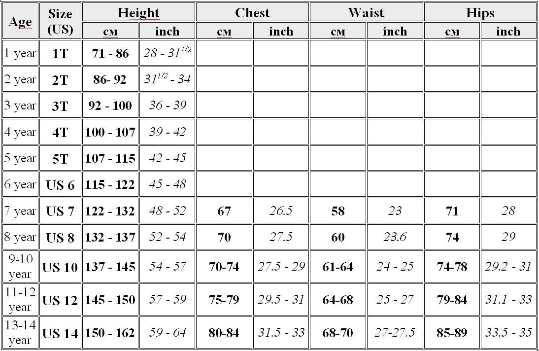 Children's clothing size chart with measurements for height, chest, waist, and hips in cm and inches for ages 1 to 14 years.