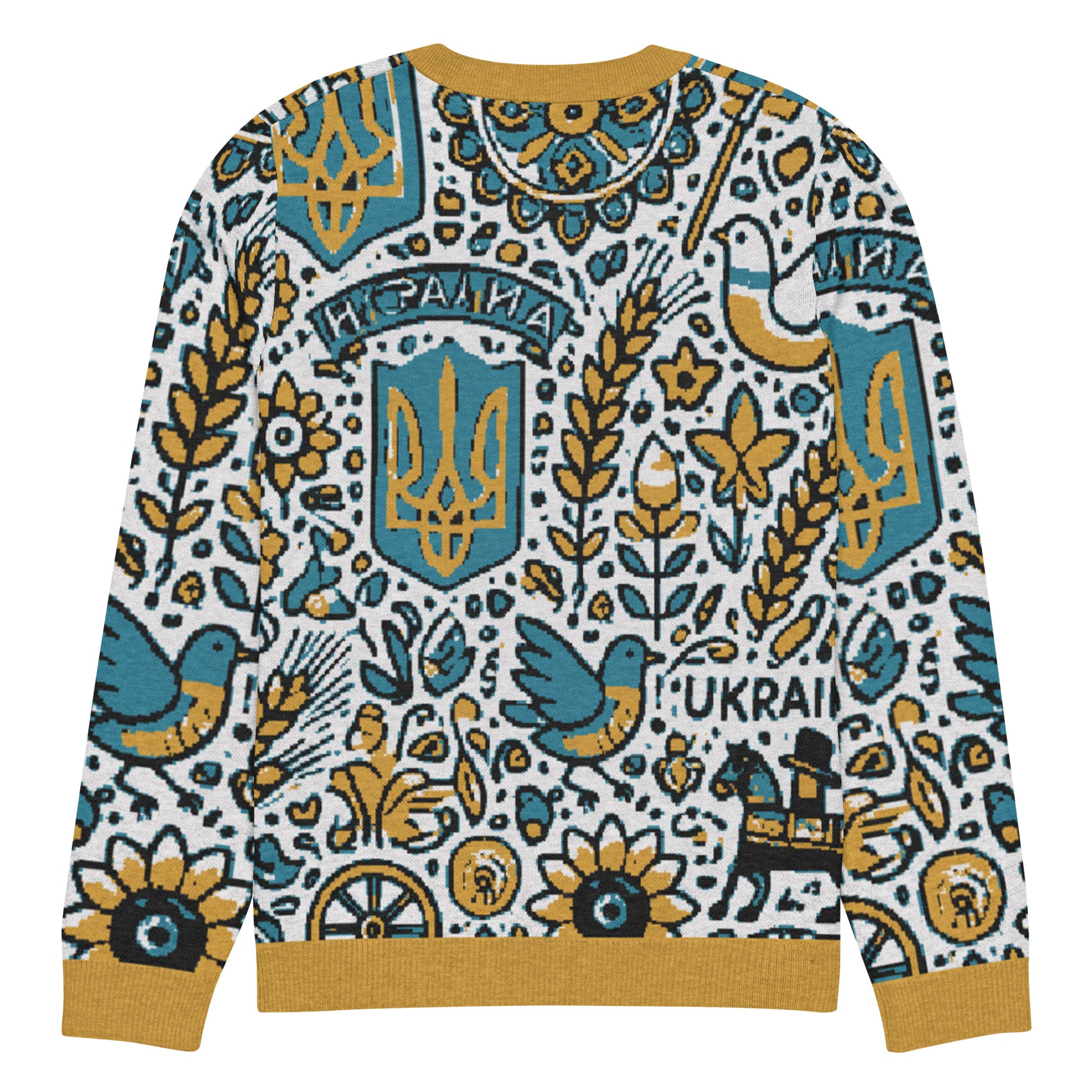 Unisex knitted Ukrainian crew neck sweater with vibrant cultural pattern and symbols in blue, yellow, and white.