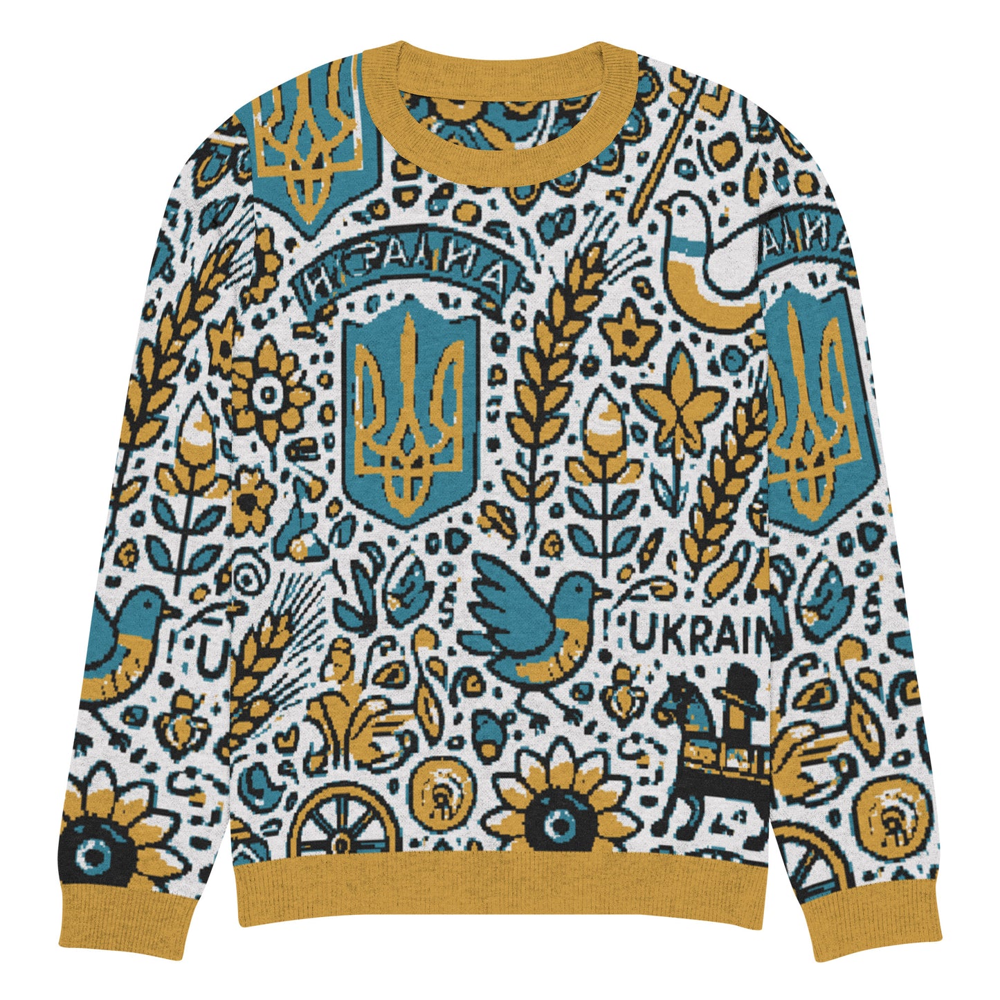 Knitted Ukrainian crew neck sweater with vibrant cultural patterns in blue, gold, and white design.