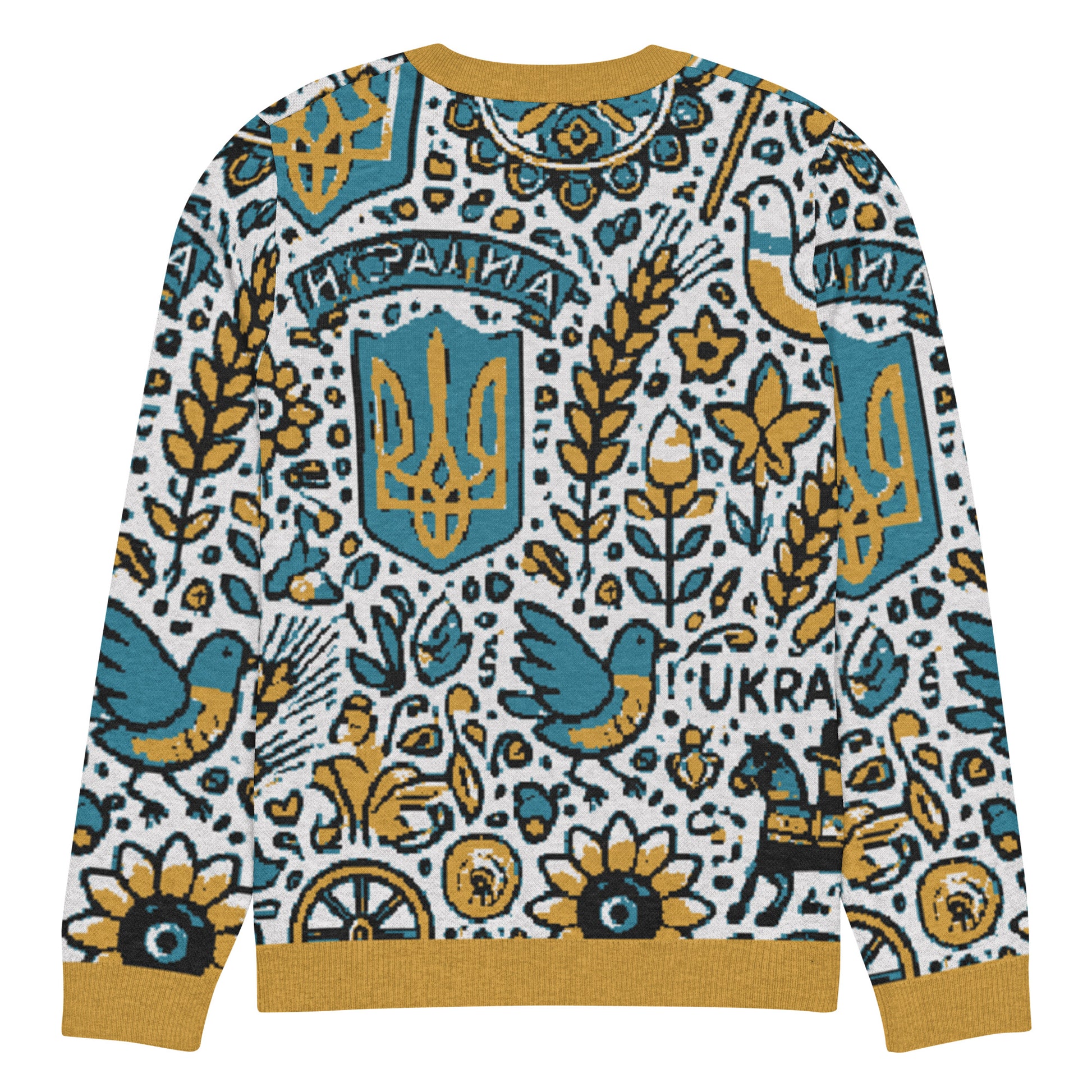 Knitted Ukrainian crew neck sweater with traditional blue and yellow patterns featuring cultural symbols and floral designs.