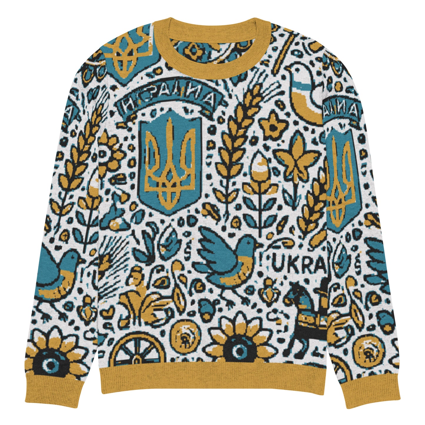 Knitted Ukrainian crew neck sweater with symbolic patterns, featuring a cozy and stylish design from the Ukrainian Vibe Collection.