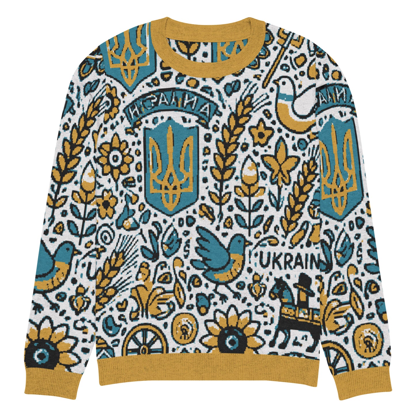 Knitted Ukrainian crew neck sweater featuring colorful patterns and symbols, showcasing stylish and cozy design.