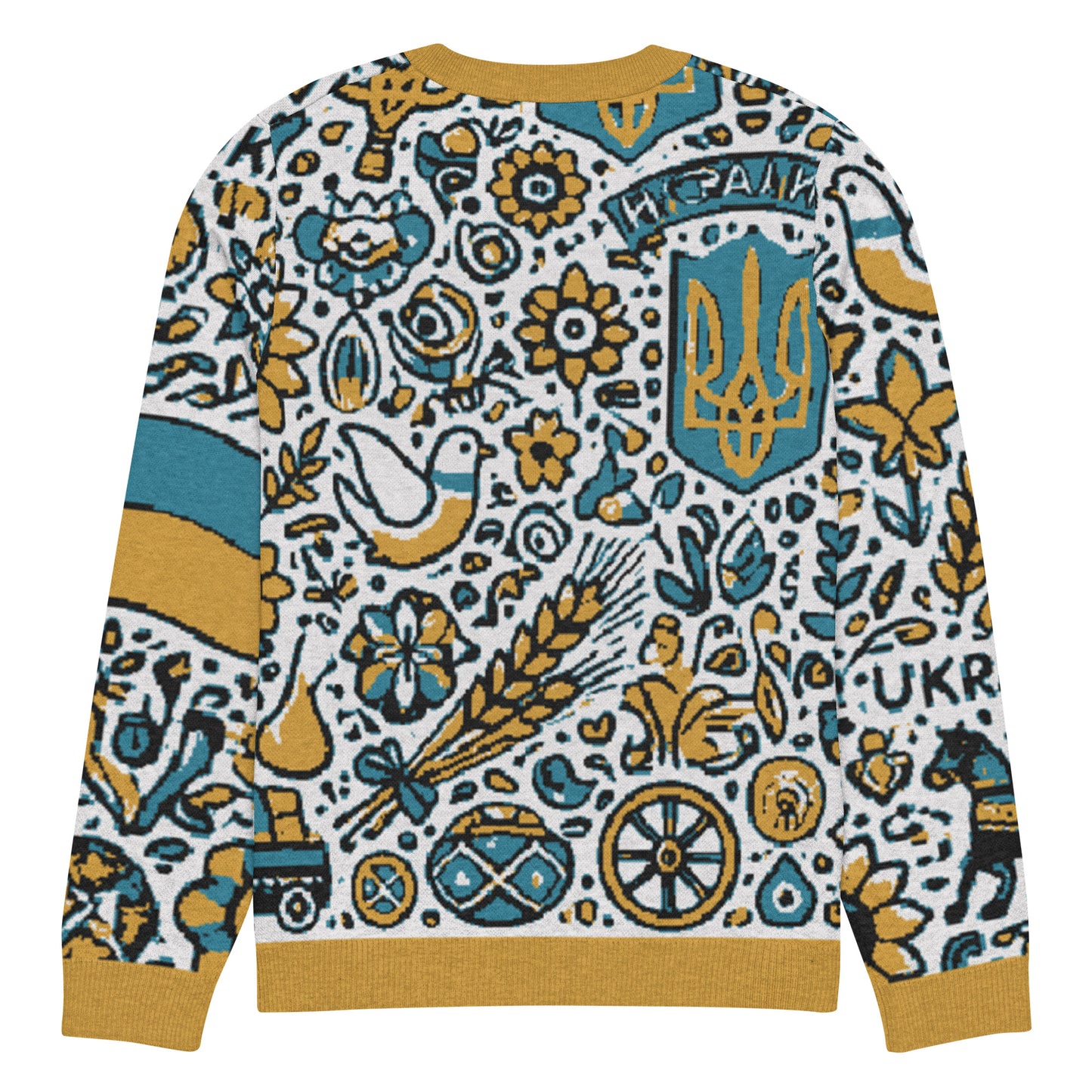 Knitted Ukrainian crew neck sweater with vibrant cultural patterns, featuring unisex design and soft cotton-polyester blend.