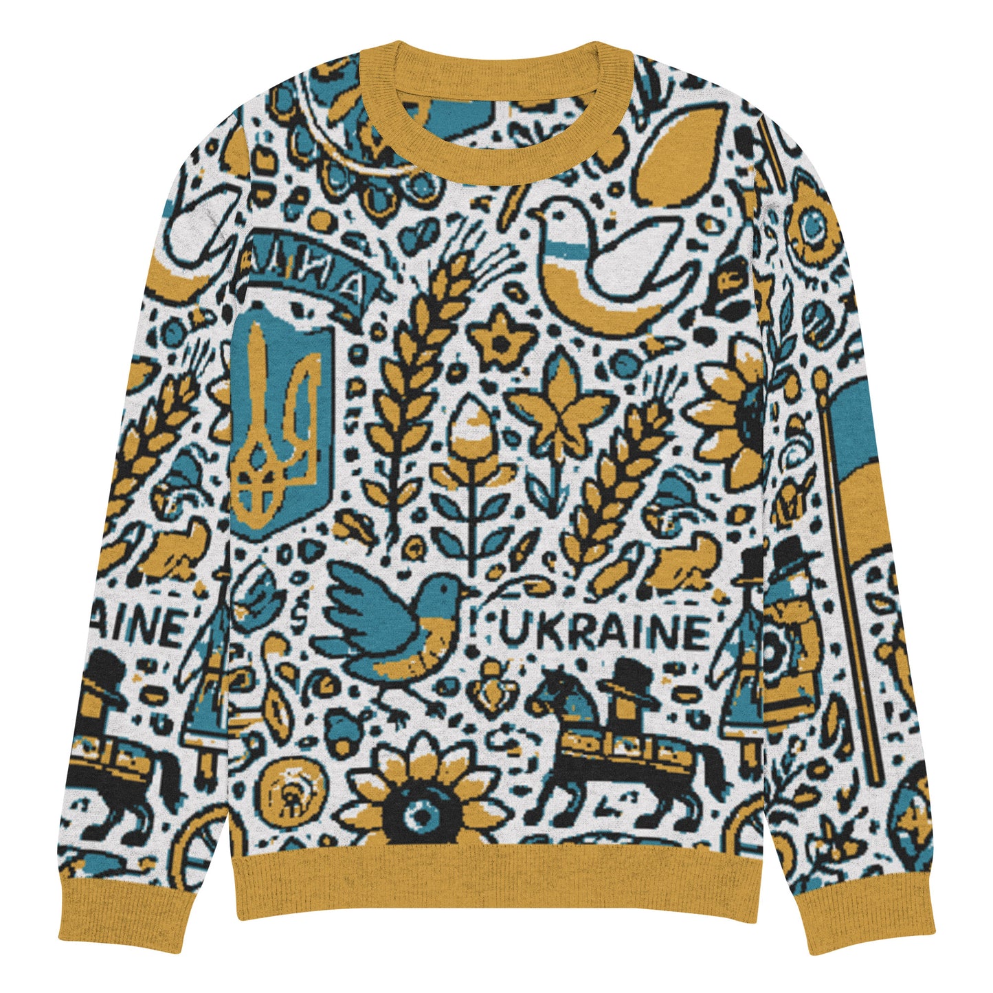 Knitted Ukrainian crew neck sweater with traditional motifs, featuring birds and patterns, part of Ukrainian Vibe Collection.