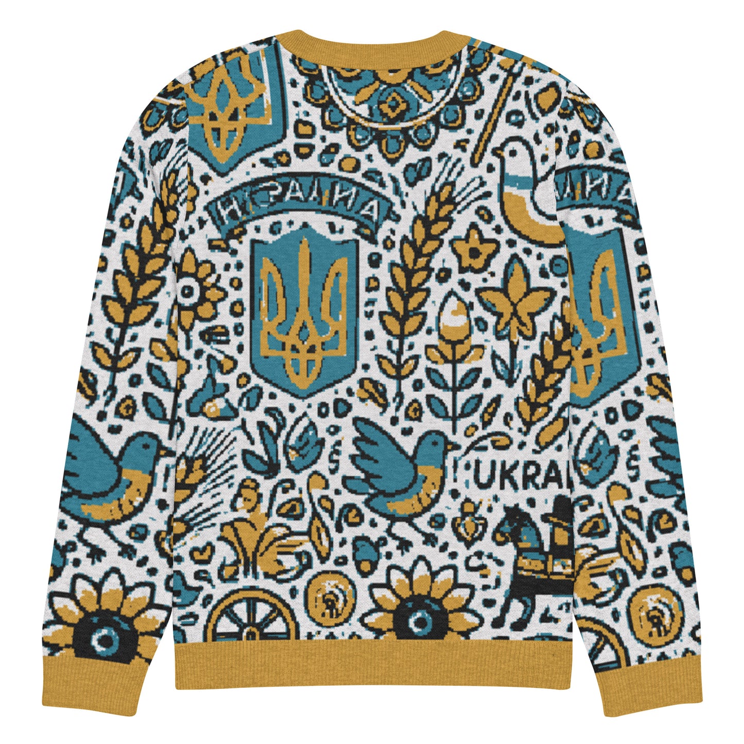 Colorful knitted Ukrainian crew neck sweater with traditional motifs featuring birds, flowers, and national symbols.