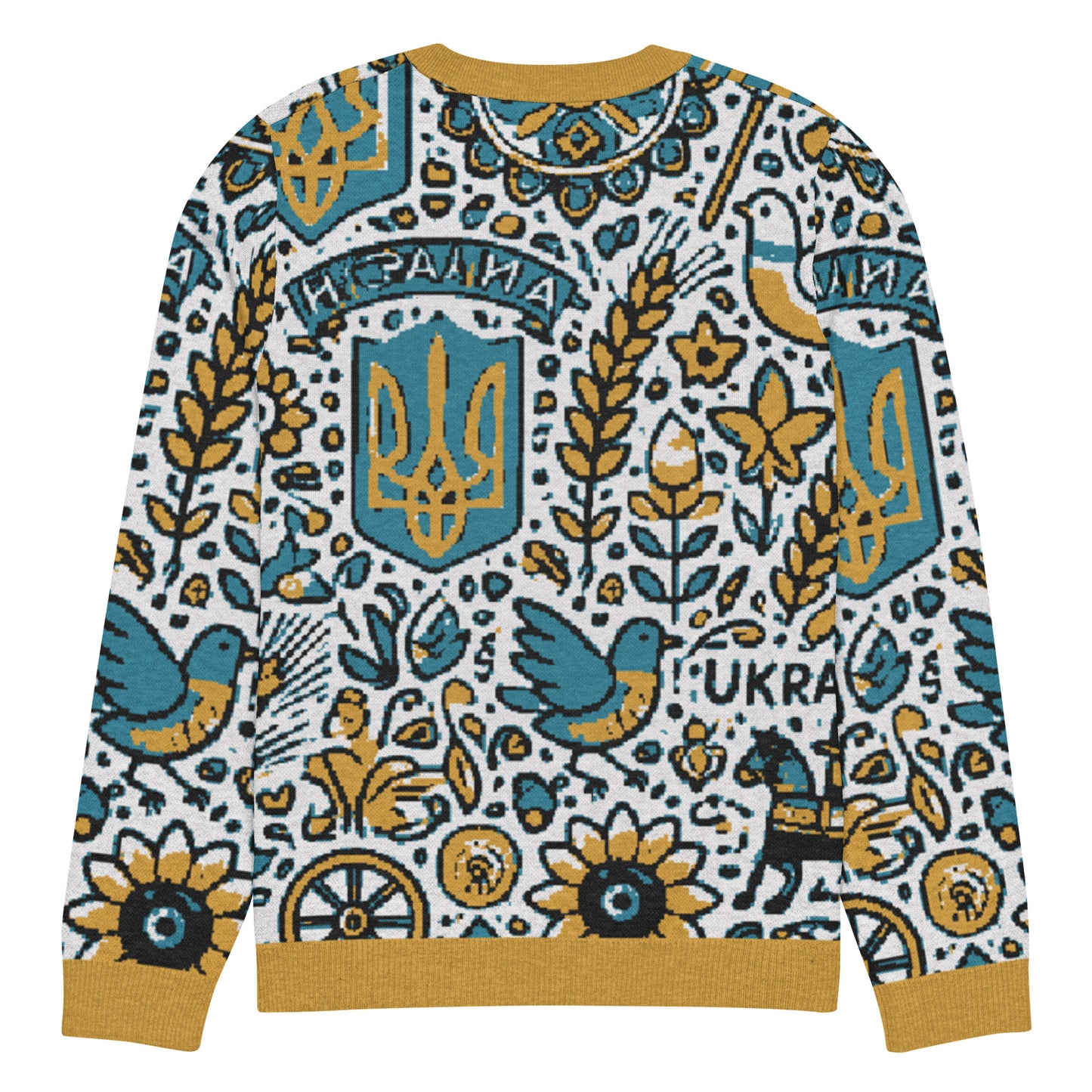 "Knitted Ukrainian crew neck sweater with traditional motifs and vibrant design from the Ukrainian Vibe Collection"