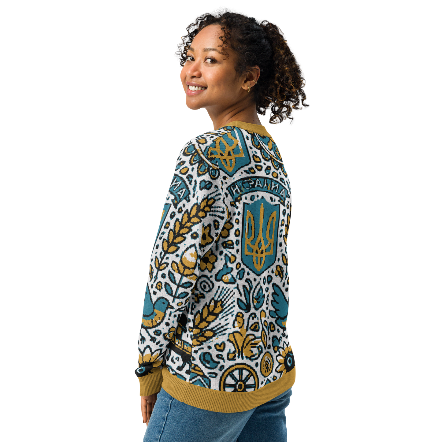 Woman modeling a knitted Ukrainian crew neck sweater with vibrant traditional patterns, ideal for stylish and cozy comfort.