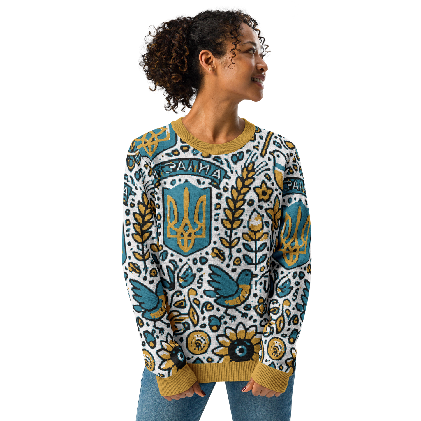 Woman wearing a knitted Ukrainian crew neck sweater with vibrant traditional patterns, showcasing blue and yellow designs.