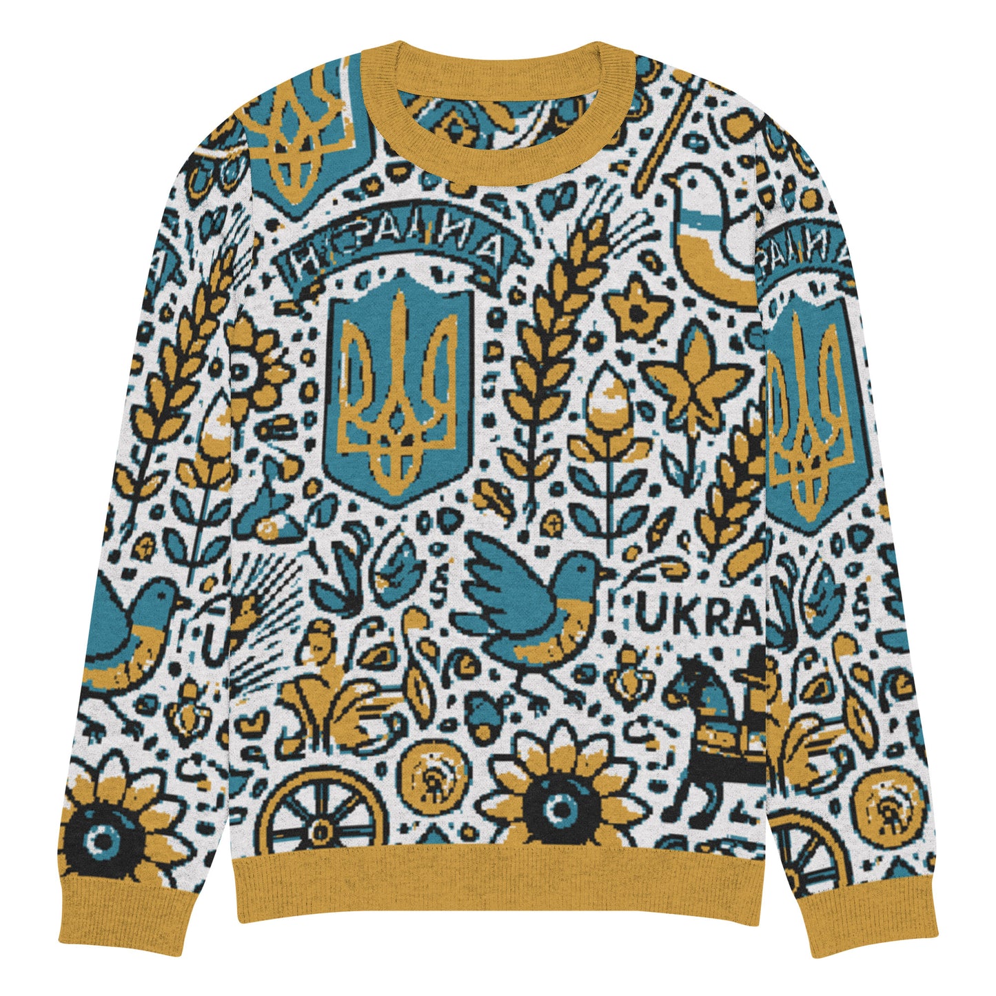 Knitted Ukrainian crew neck sweater with vibrant cultural patterns and motifs, featuring a cozy unisex design from the Ukrainian Vibe Collection.