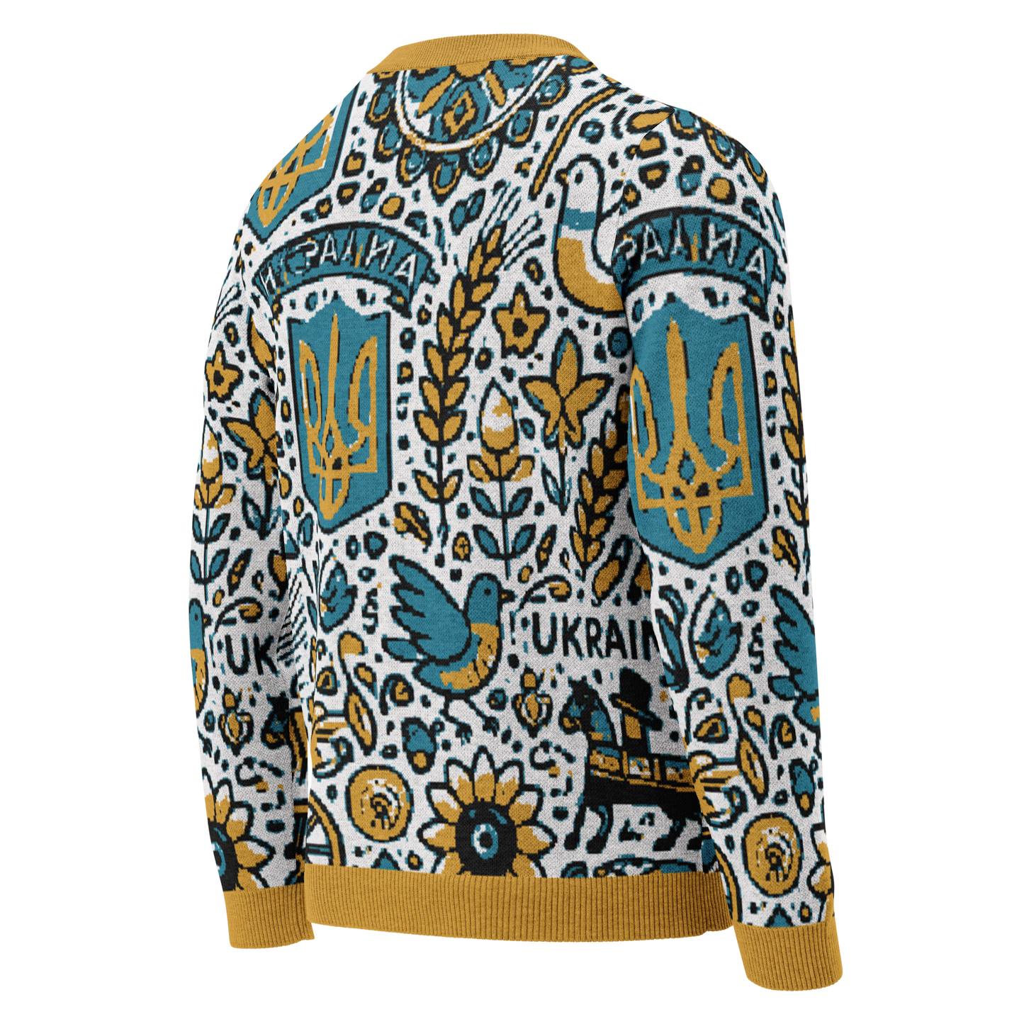 Knitted Ukrainian crew neck sweater with colorful folk-inspired design, highlighting the vibrant patterns and symbols of Ukrainian culture.