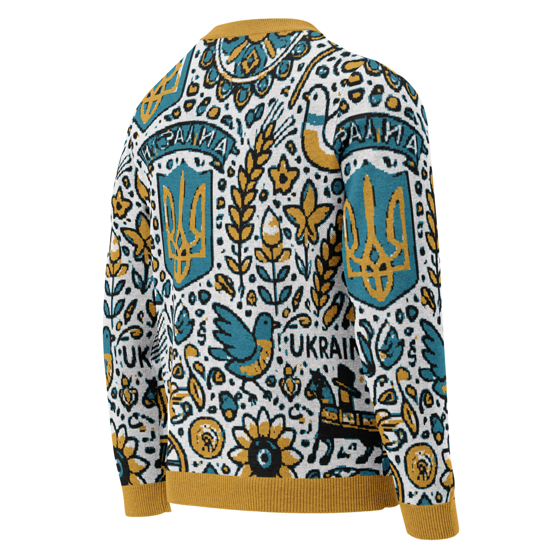 Knitted Ukrainian crew neck sweater with colorful folk-inspired design, highlighting the vibrant patterns and symbols of Ukrainian culture.