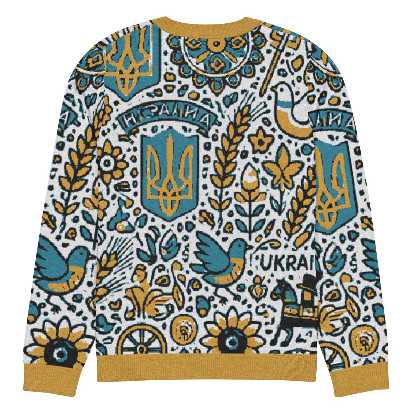 Knitted Ukrainian crew neck sweater featuring traditional motifs and vibrant colors from the Ukrainian Vibe Collection.