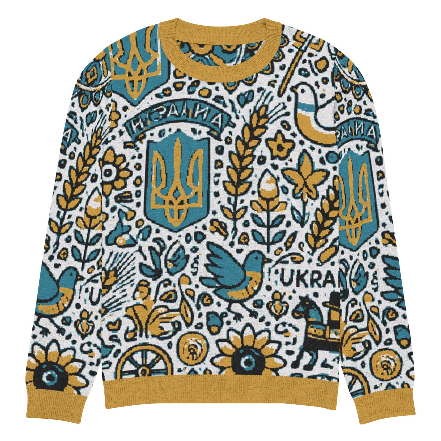 Knitted Ukrainian crew neck sweater with vibrant folk patterns, featuring symbolic designs and a cozy, unisex fit.