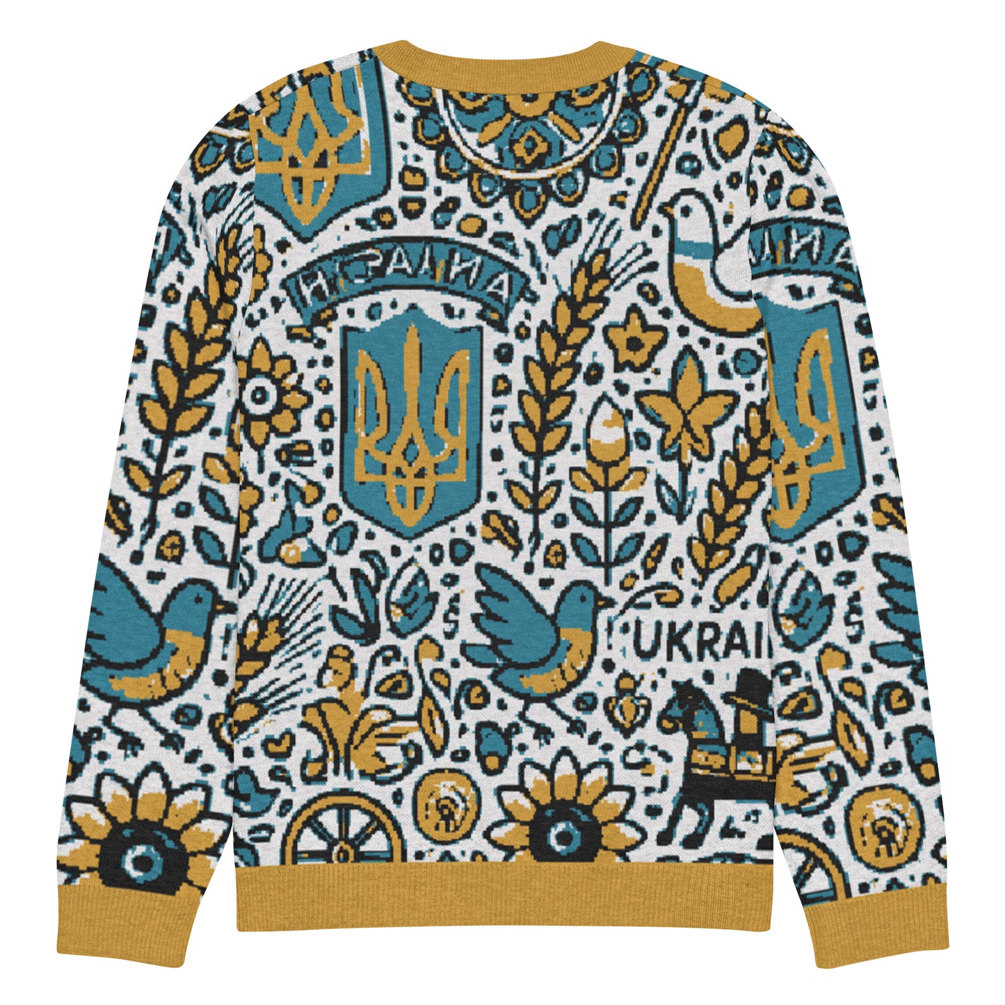 Ukrainian-themed knitted crew neck sweater with vibrant patterns, featuring national symbols and motifs in blue, yellow, and white.