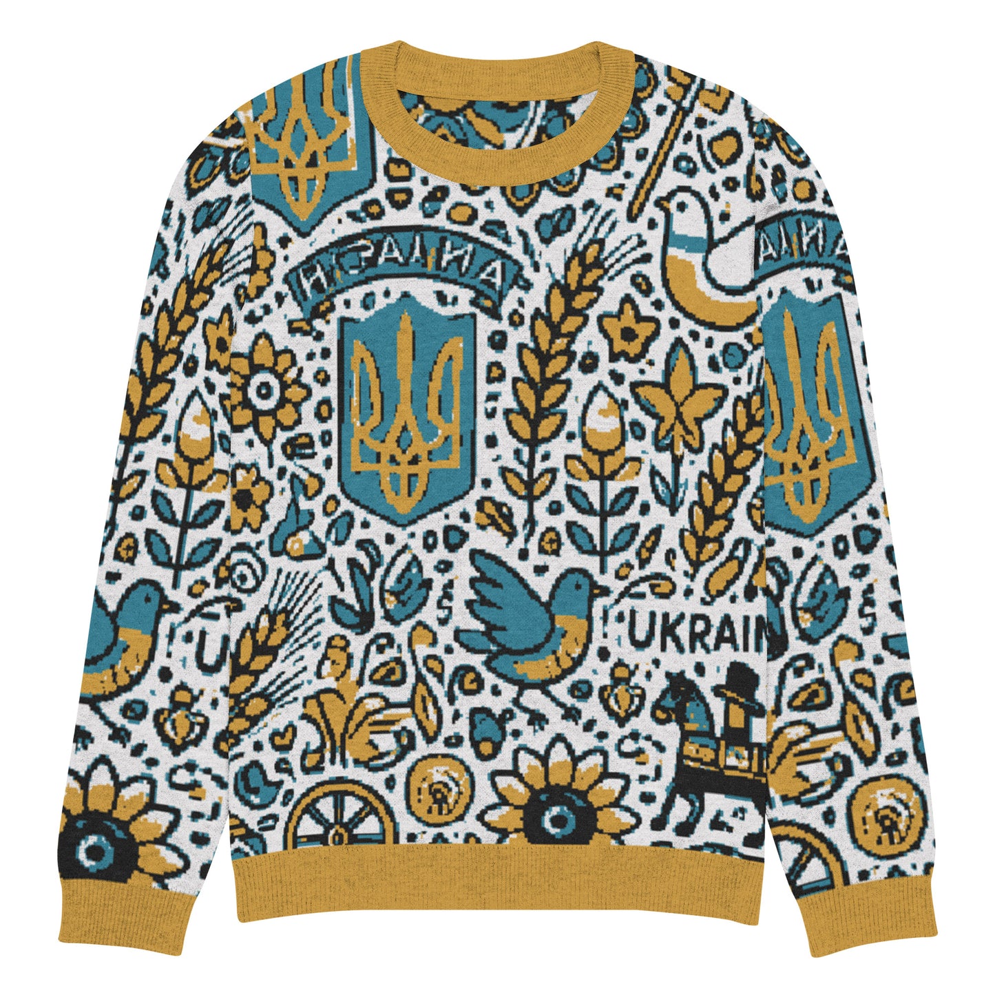 Knitted Ukrainian crew neck sweater with blue and yellow folk patterns, featuring birds and sunflowers, from the Ukrainian Vibe Collection.