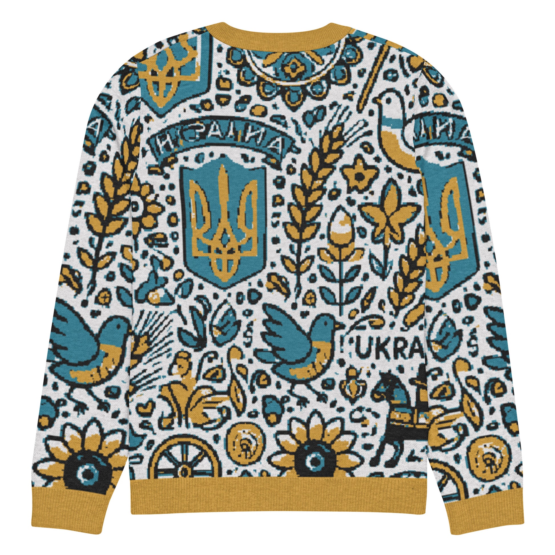 Knitted Ukrainian crew neck sweater with colorful traditional patterns, featuring birds and floral motifs.