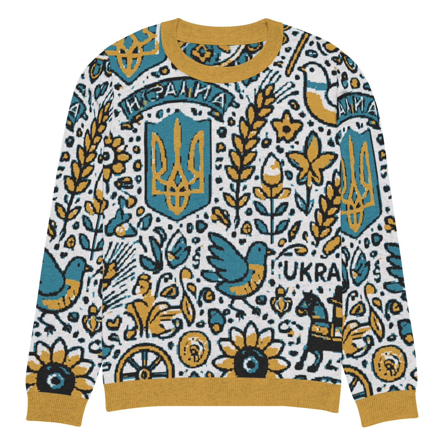 Vibrant knitted Ukrainian crew neck sweater with traditional motifs in blue, yellow, and white for a stylish and cultural look.