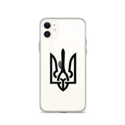 Clear iPhone case with Ukrainian Tryzub symbol, showcasing national pride and offering protection while revealing phone's original color.