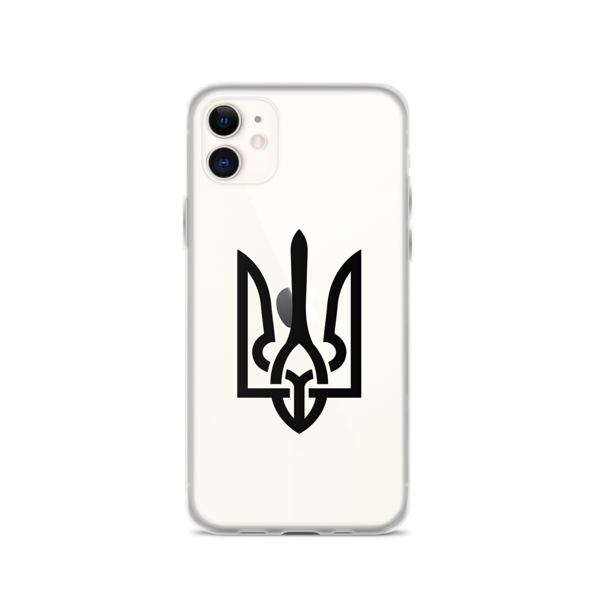 Clear iPhone case with Ukrainian Tryzub symbol, showcasing national pride and offering protection while revealing phone's original color.
