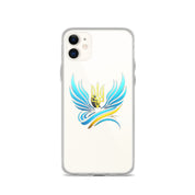 Clear iPhone case with Ukrainian Tryzub emblem for scratch and impact protection, displaying national pride.