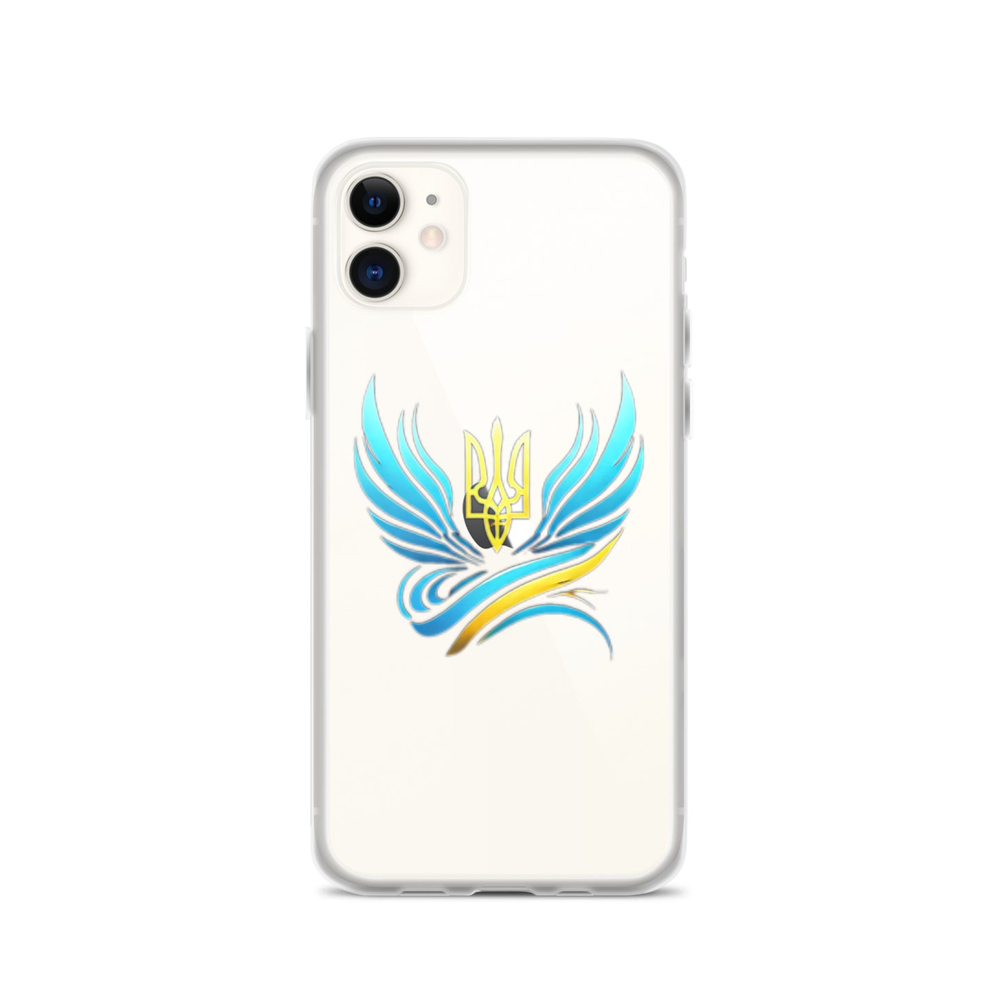 Clear iPhone case with Ukrainian Tryzub emblem for scratch and impact protection, displaying national pride.