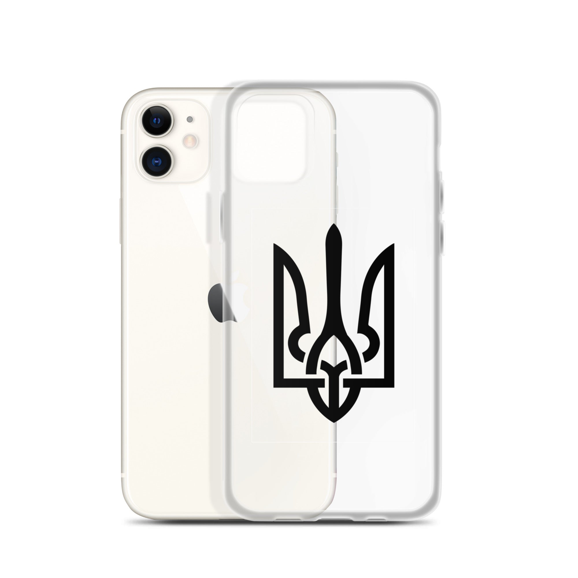 Clear iPhone case with Ukrainian Tryzub design, showcasing style, protection, and national pride while maintaining phone visibility.