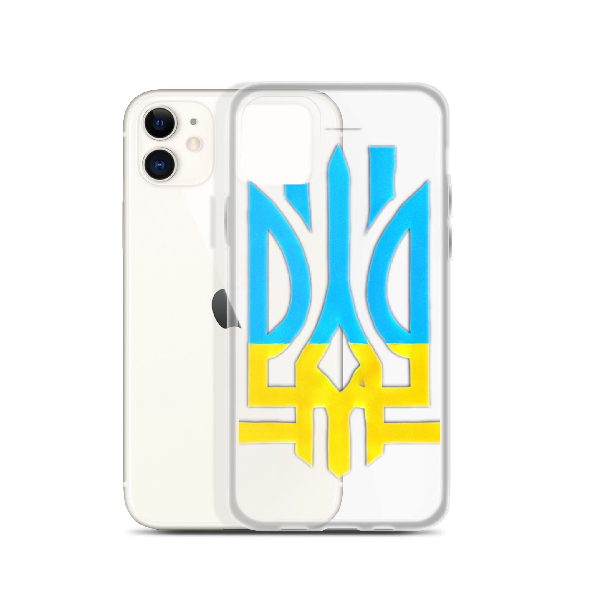 Clear iPhone case with Ukrainian Tryzub symbol, showcasing national pride while protecting the phone from scratches and impacts.