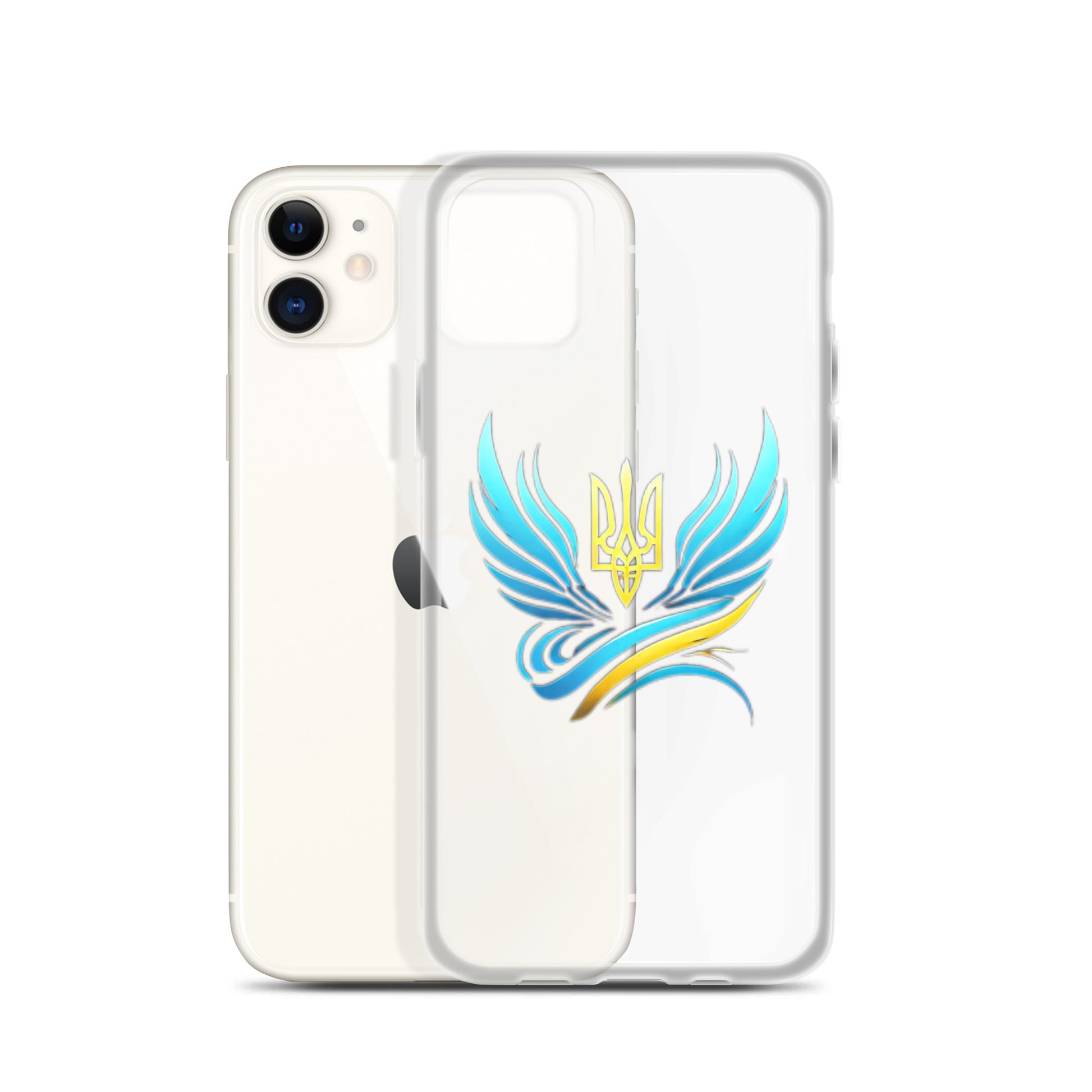 Clear iPhone® case with Ukrainian Tryzub emblem, showcasing design and protection features.