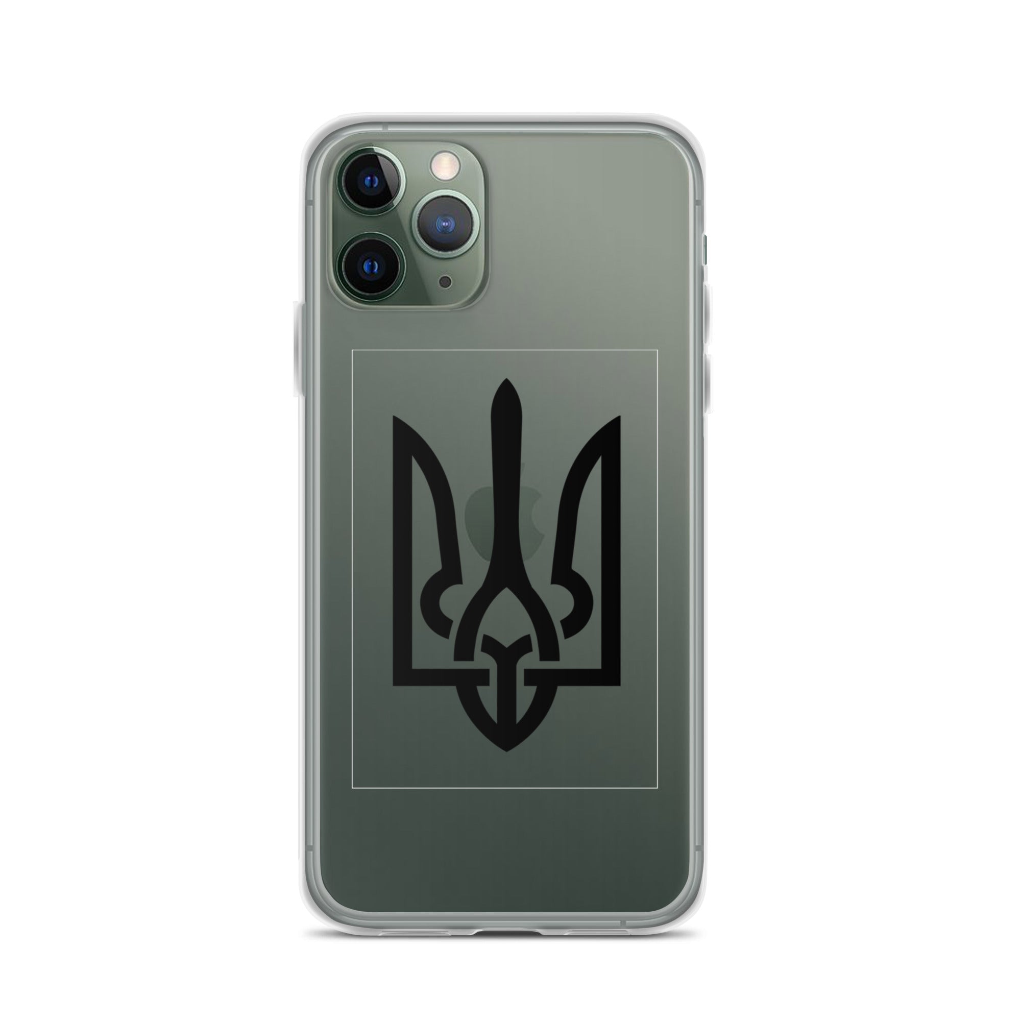 Clear iPhone case with Ukrainian Tryzub symbol, providing style and protection while showcasing national pride on a smartphone.