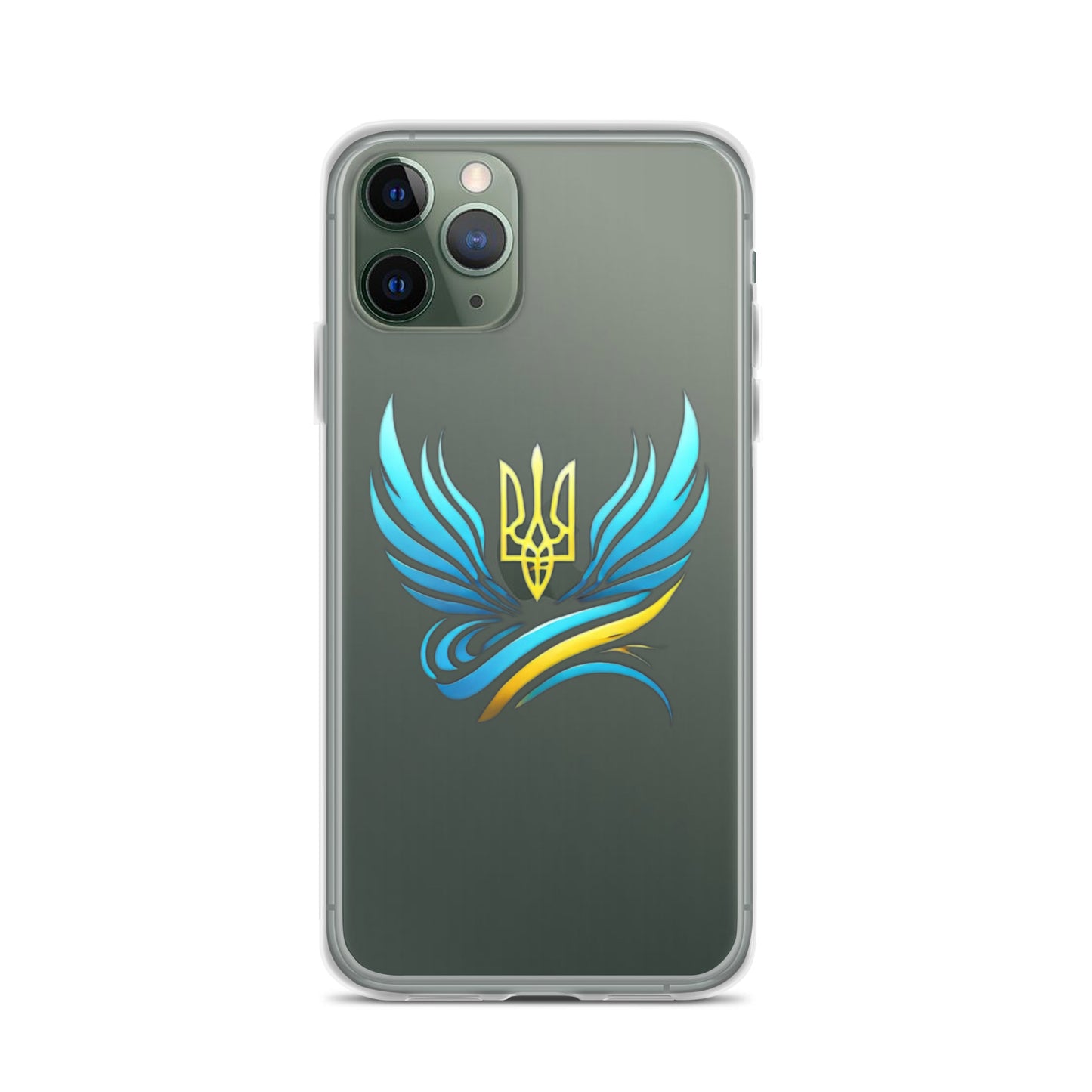 Clear iPhone case with Ukrainian Tryzub emblem, showcasing vibrant blue and yellow design, offers protection and cultural pride.