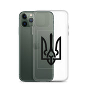 Clear iPhone case with Ukrainian Tryzub, offering stylish protection and showcasing the phone's original color.