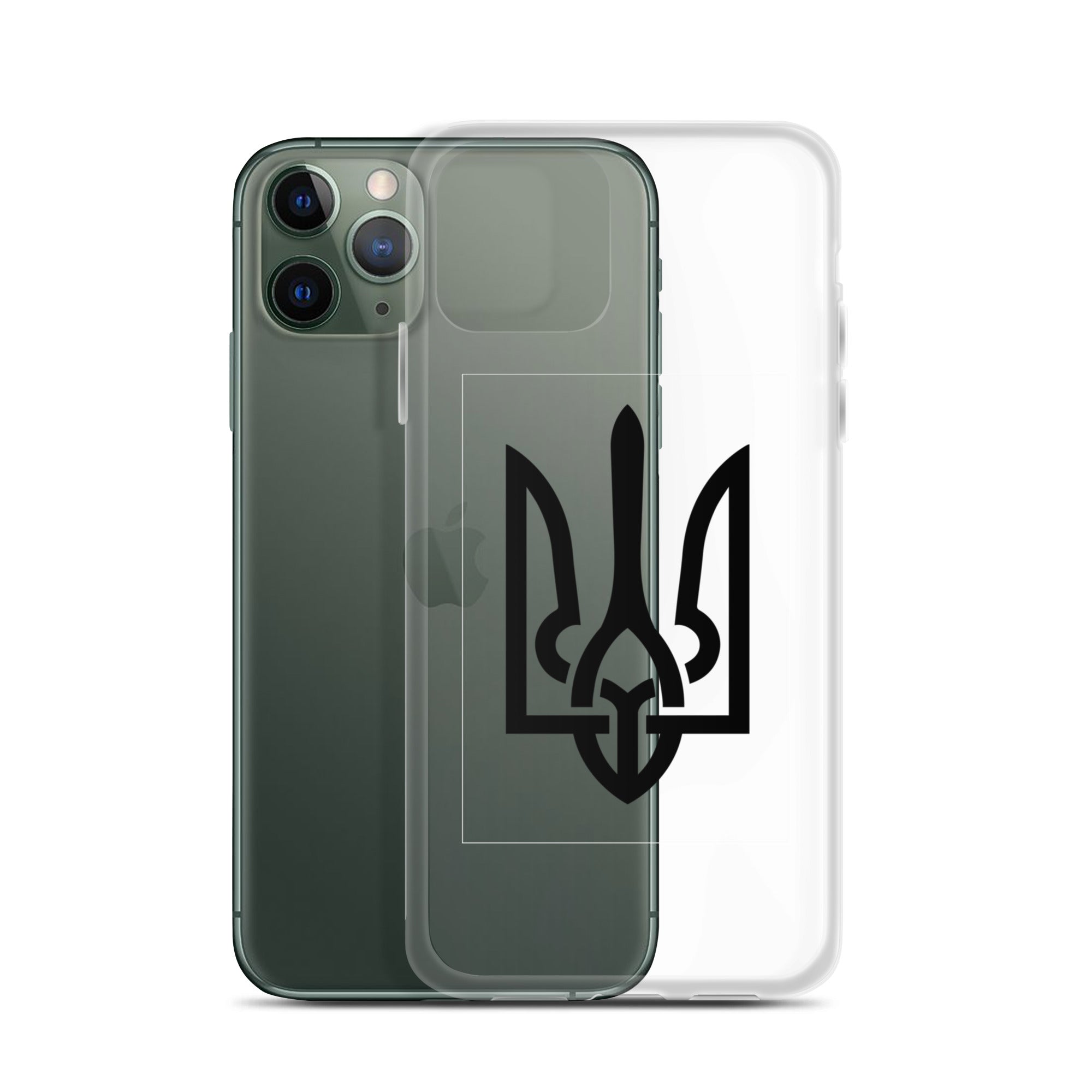 Clear iPhone case with Ukrainian Tryzub, offering stylish protection and showcasing the phone's original color.