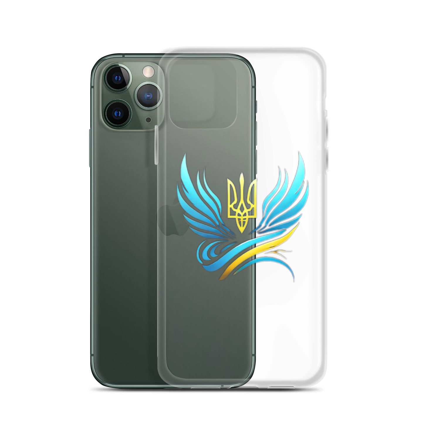 Clear iPhone case with Ukrainian Tryzub emblem showcasing elegant blue and yellow design, perfect for protection and national pride.