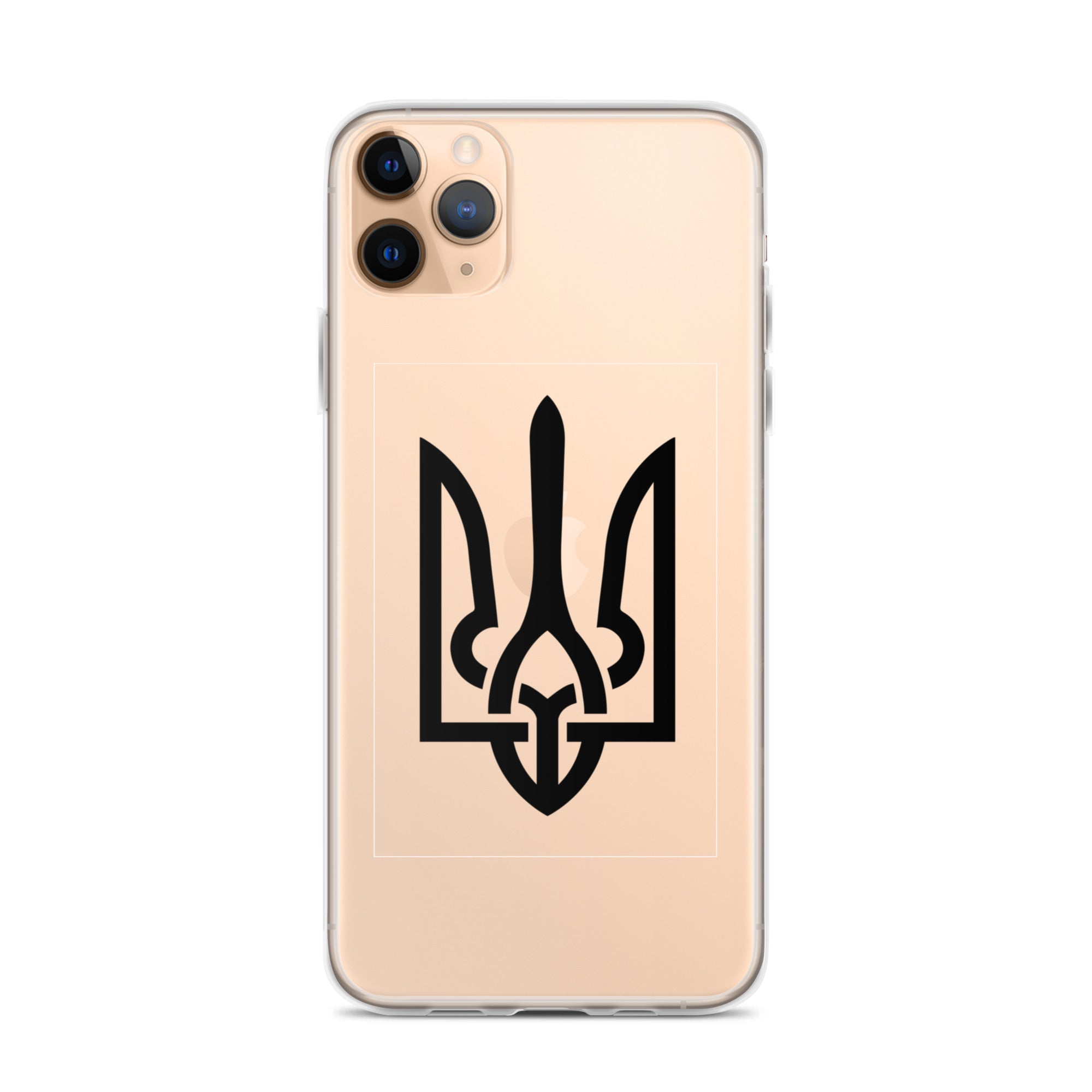 Clear iPhone case with Ukrainian Tryzub symbol for protection and style.