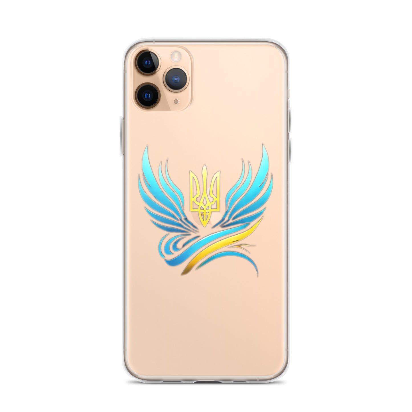 Clear iPhone case with Ukrainian Tryzub emblem, showcases pride with colorful design. Protects phone while maintaining original color.