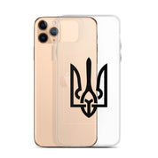 Clear iPhone case with Ukrainian Tryzub symbol for protection and style, showcasing national pride while keeping phone visible.