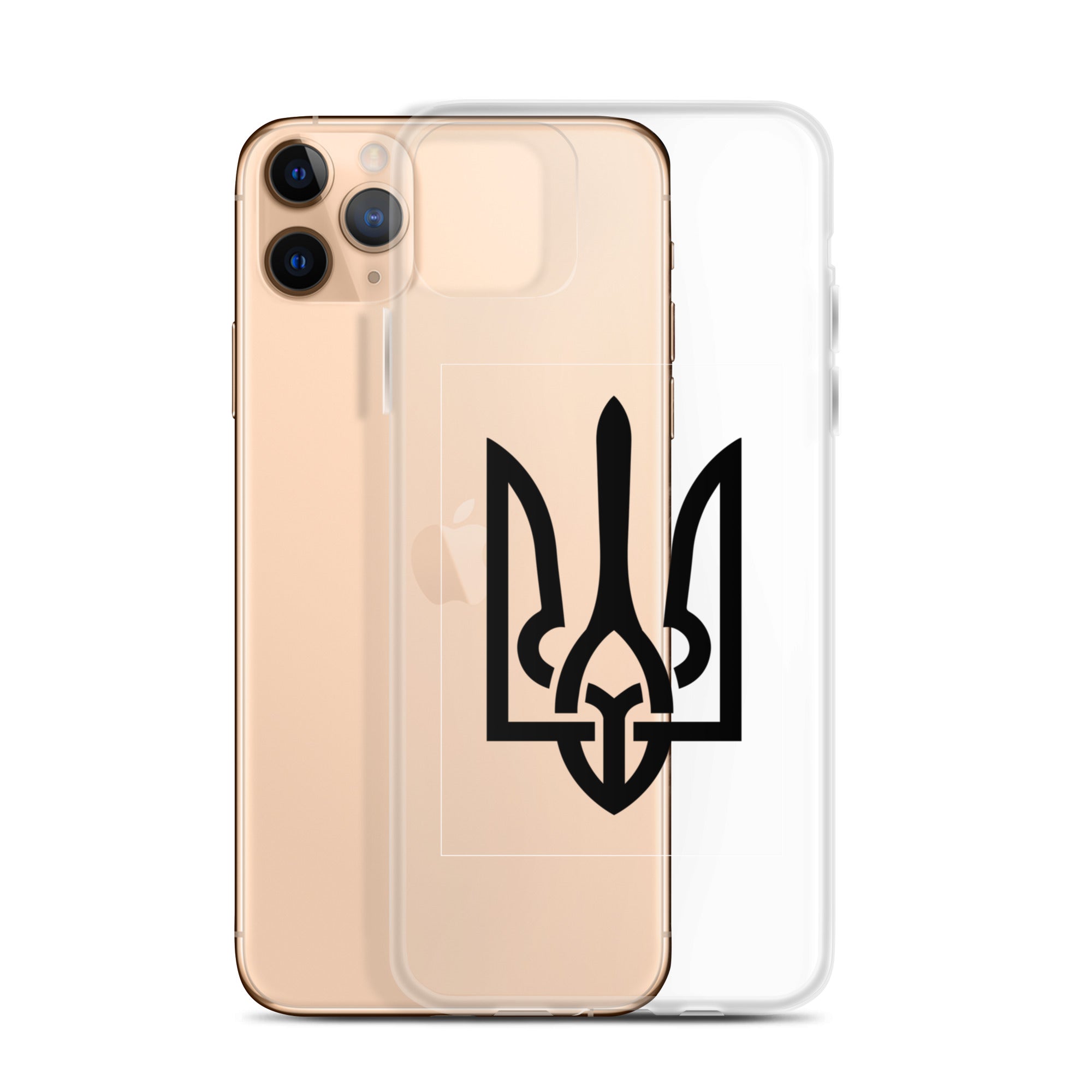 Clear iPhone case with Ukrainian Tryzub symbol for protection and style, showcasing national pride while keeping phone visible.