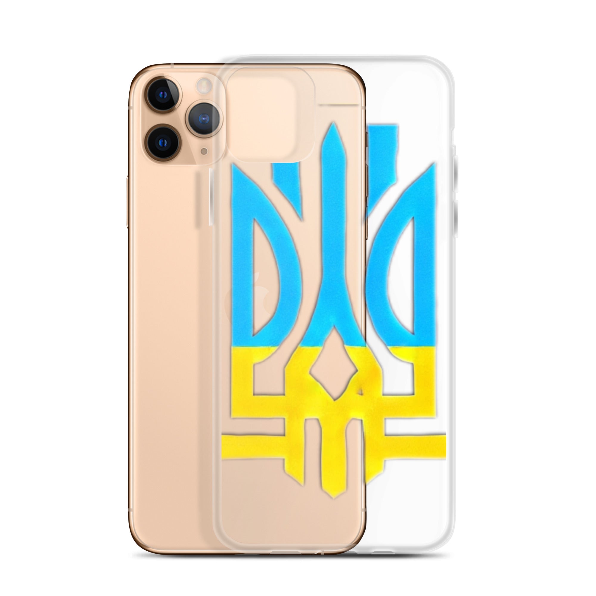 Clear iPhone case with Ukrainian Tryzub symbol, showcasing durable protection with flexible sides and precise port openings.