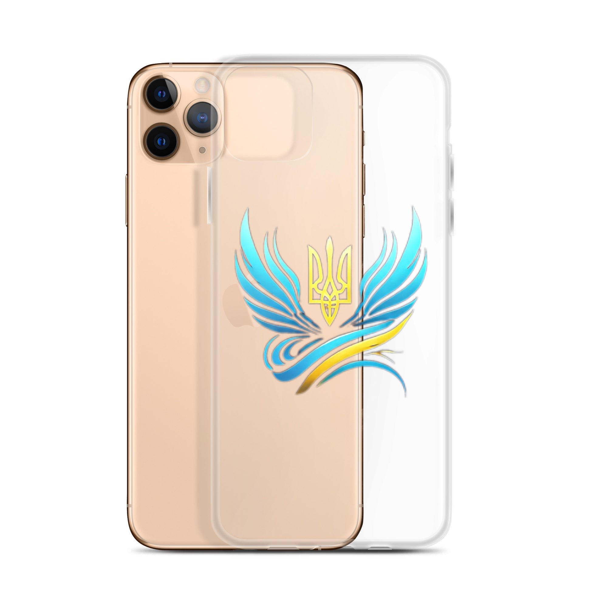 Clear iPhone case with Ukrainian Tryzub emblem showcasing blue and yellow wings, offering protection and pride.