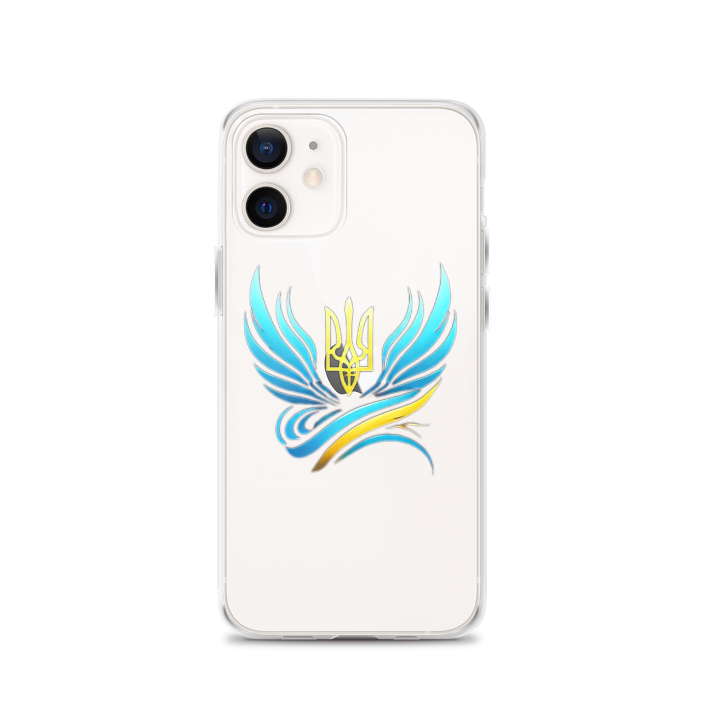 Clear iPhone case with Ukrainian Tryzub emblem, durable polycarbonate, flexible sides, protects against scratches and impacts.