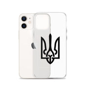 Clear iPhone case with Ukrainian Tryzub symbol, showcasing protection and style while allowing the phone's original color to shine through.