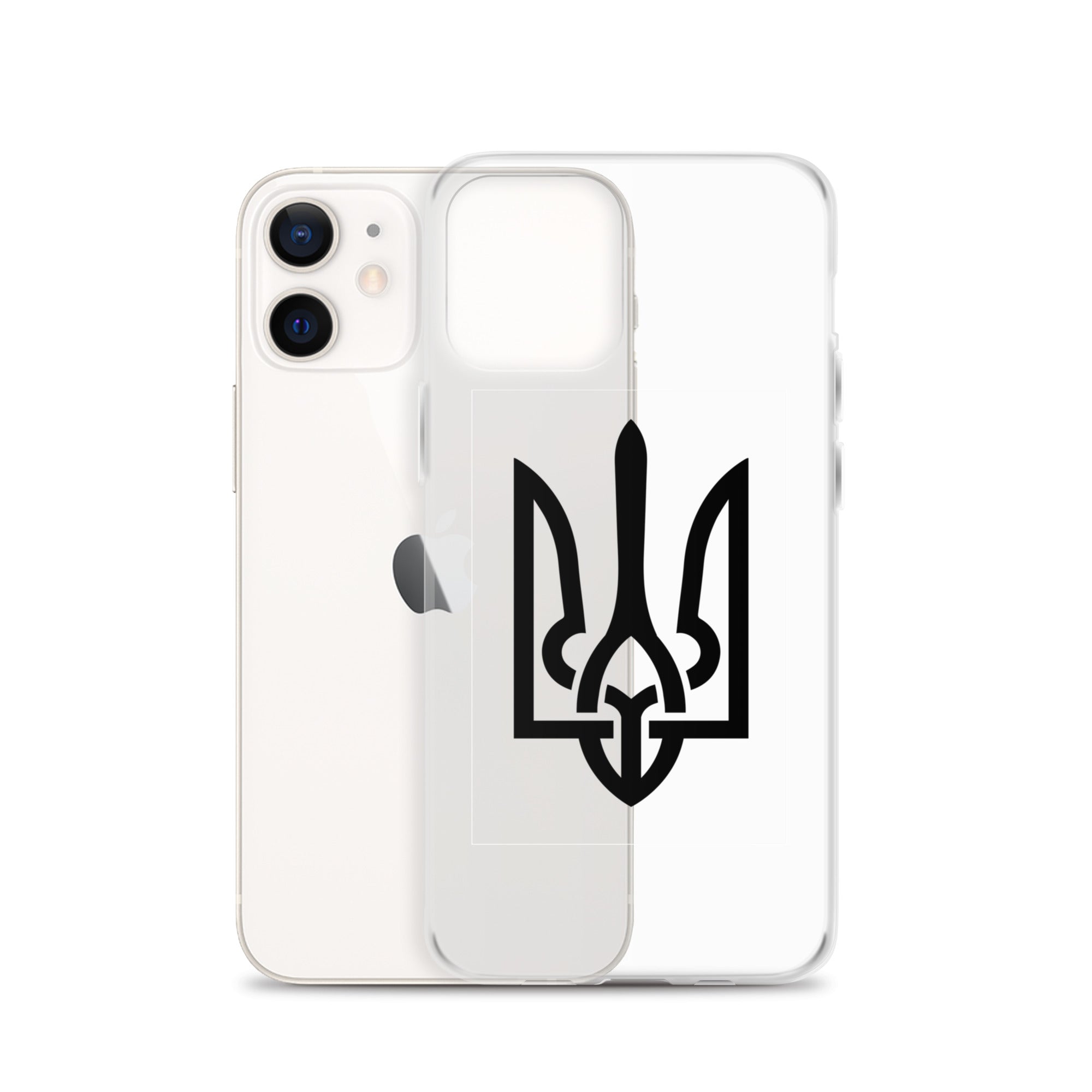 Clear iPhone case with Ukrainian Tryzub symbol, showcasing protection and style while allowing the phone's original color to shine through.