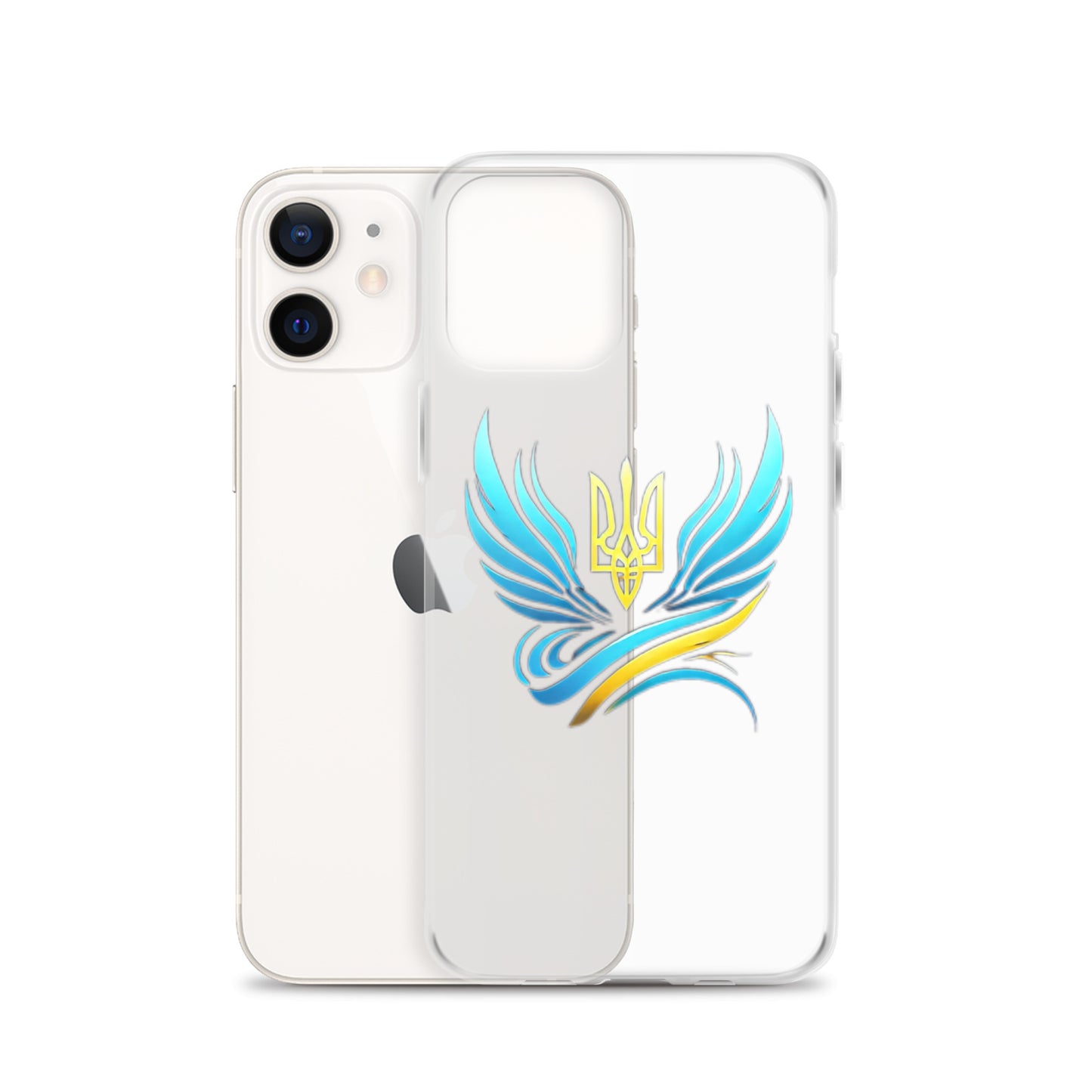 Clear iPhone case with Ukrainian Tryzub emblem, showcasing national pride and phone protection against scratches and impacts.