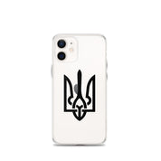 Clear iPhone case with Ukrainian Tryzub symbol, showcasing protection and style.
