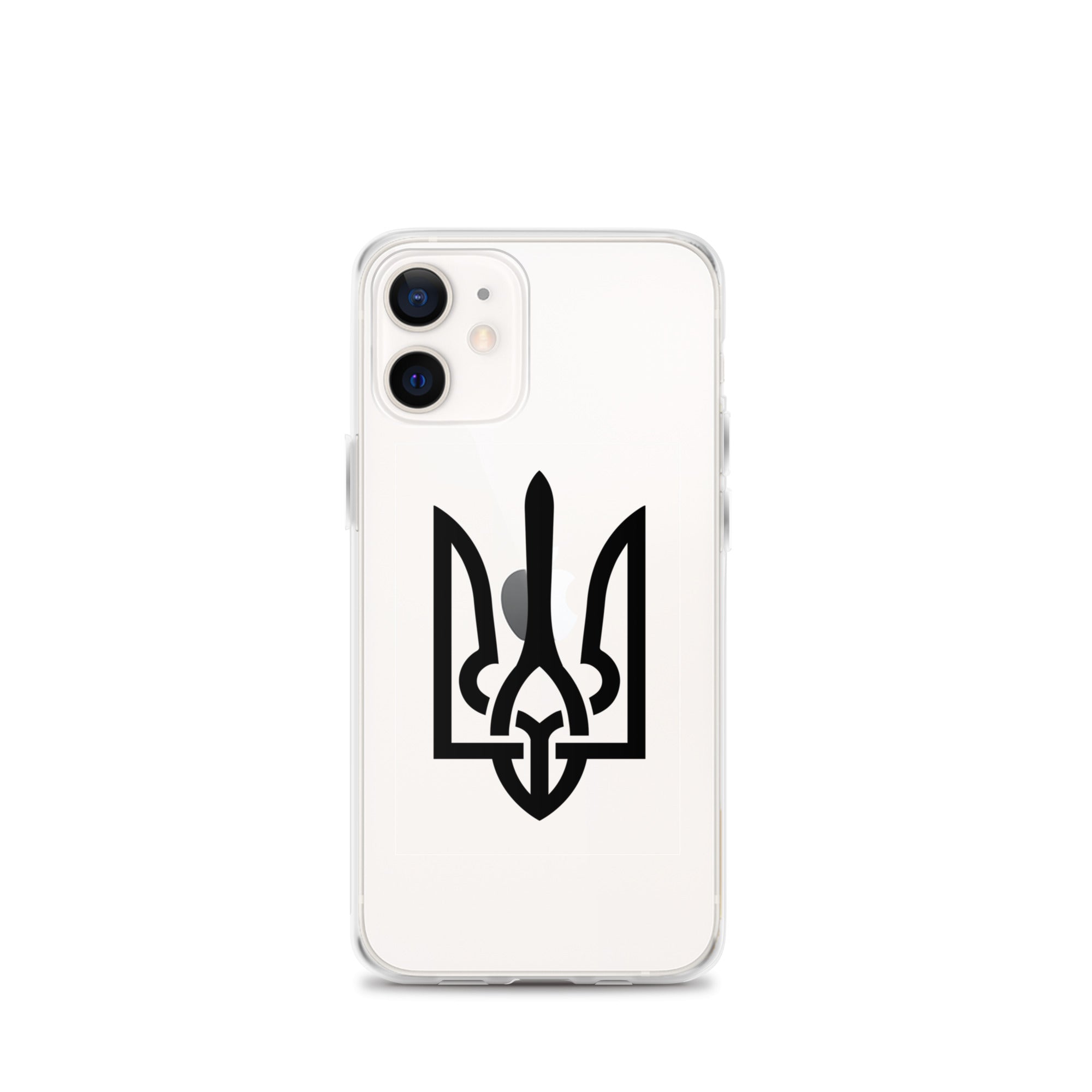 Clear iPhone case with Ukrainian Tryzub symbol, showcasing protection and style.