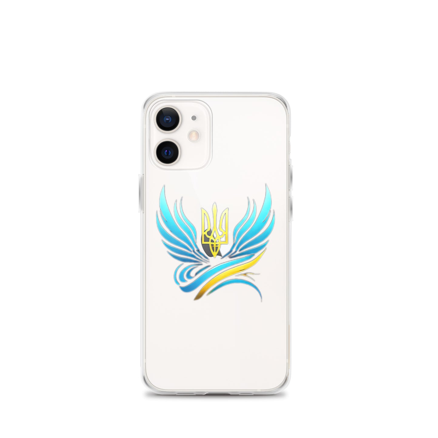 Clear iPhone case featuring Ukrainian Tryzub design with blue and yellow wings, showcasing national pride and device protection.